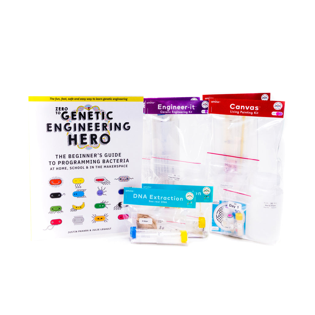 Teach what is DNA, what is a gene, cell theory, genetic engineering, bioart, biotechnology, biohacking and genetic engineering with the world's first biohacking and biotechnology STEM teacher tester pack from amino labs - NGSS LS, MS, life science high school life science middle school biology & genetics module