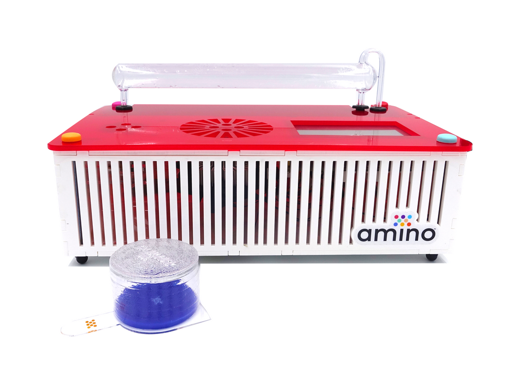 Amino Labs' BioExplorer minilab, desktop biolab, a biohacker lab, DIY bio lab, laboratory equipment for glowing bacteria, e.coli bacteria, STEM science project, home lab, biotechnology lab, home science lab, school science lab, biohacking lab, iGEM, DIY biology, bio production, bacterial transformation lab, genetic engineering