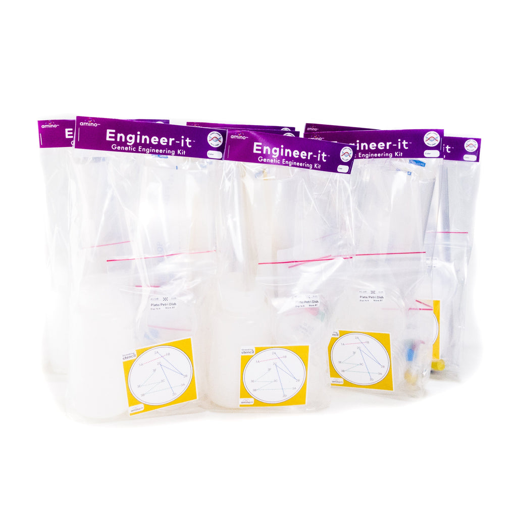 Make Glowing bacteria and colourful bacteria with Amino Labs DIY genetic engineering kit & biotechnology kit, the Engineer-it kit. Great STEM science project kit, science fair kit, middle school science class, biology, high school science class, DIY bio, biohacking, home biotechnology, iGEM projects, DIY synthetic biology 